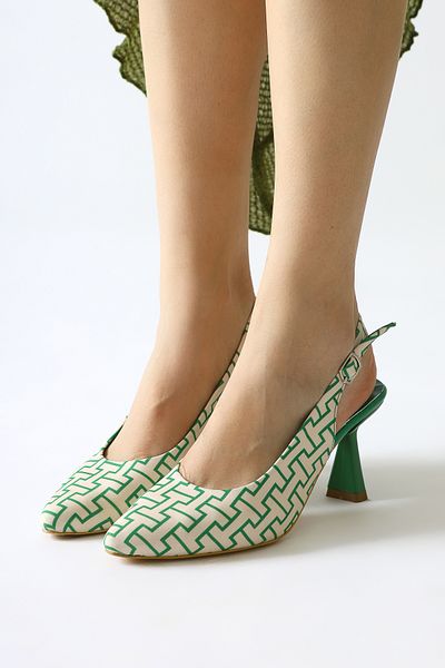 Limoya Ernesa Green Geometric Patterned Heeled Women's Shoes