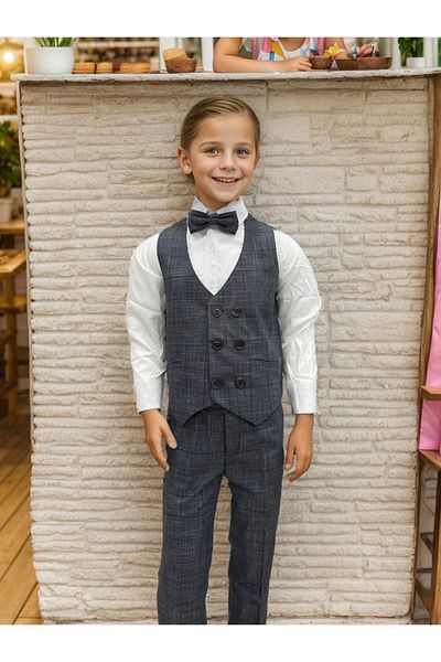 WENA KİDS Children's Vest Suit with Shirt Set SMOKING SUIT PLAID ANTHRACITE SMOKE