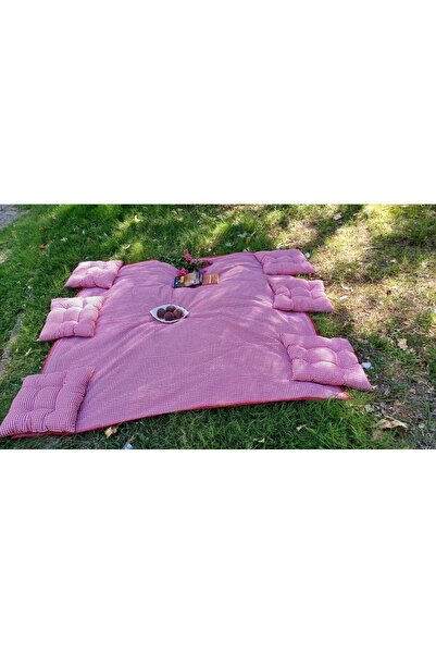 Marin Tasarım Evi Çok Amaçlı Kırmızı Piknik Örtü Seti 6 Adet 40x40 Minder 170x170 Masa Örtüsü