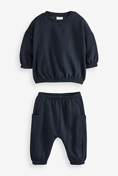 Next Baby Cotton Blue Grey Navy Blue Jogger Set