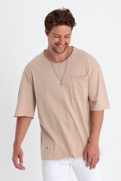 PELİTİSS Oversize Men's Short Sleeve T-Shirt 100% Cotton Pocket and Stripe Detailed Dirty Collar