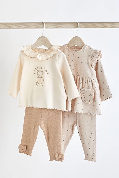 Next Baby Cotton Cream Teddy Bear Patterned Long Sleeve Bottom Top Set
