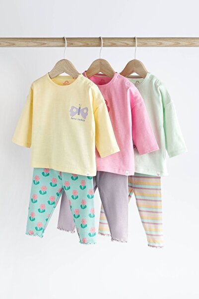 Next Baby Cotton Pink Butterfly Patterned 3-Piece Bottom Top Set