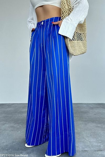 Liora Women's Navy Blue Striped Wide Leg Trousers with Elastic Back Waist