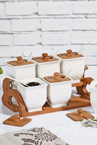 COOKCASE Bamboo Porcelain 6-Piece Spice Bowl Spoon Set