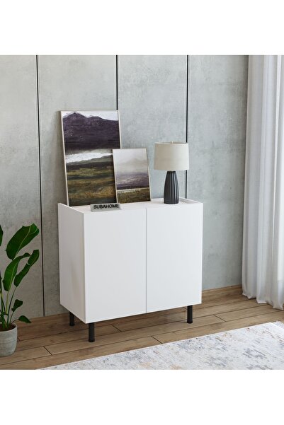 subahome Modern Mdf Çok Amaçlı 80 Cm 2 Kapaklı Beyaz Konsol- Demir Ayaklı Estetik Tasarım