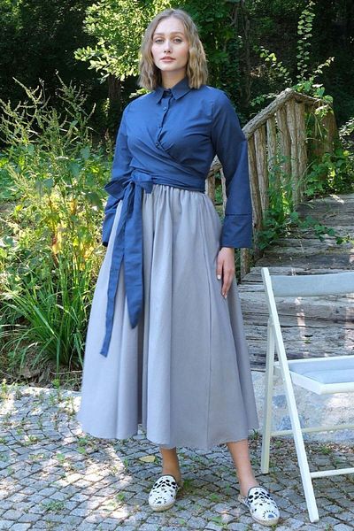Ceylan Otantik Navy Blue Balloon Skirt and Gray Tied Shirt Set