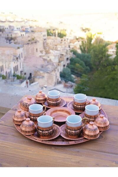 Bakır Concept 6-Piece Copper Cup Set - Carved Embroidery (Tray, Sugar Bowl)
