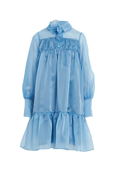 GİZİA Çıkarılabilir Çiçek Detaylı, Etek Ucu Büzgülü Transparan Mavi Elbise