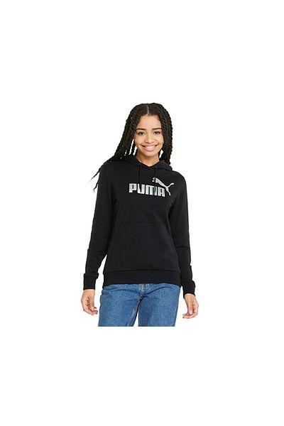Puma Ess+ Дамски суитшърт с металическо лого - ежедневен черен суитшърт с качулка 84909651