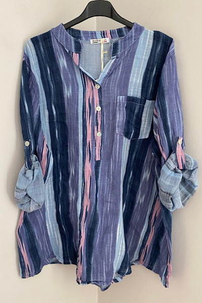 AYASOFYA OTANTIK Італійська батикована блуза з індіговим візерунком, коміром-стійкою та складними рукавами, 100% бавовна