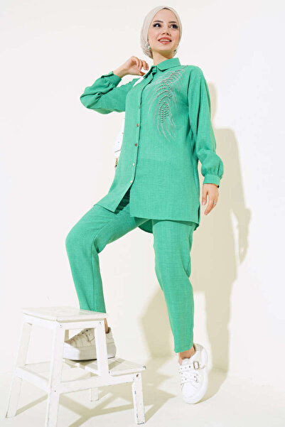 VOLT CLOTHİNG Πέτρινο Κεντητό Γυναικείο Σετ Λινό - Με Παντελόνι