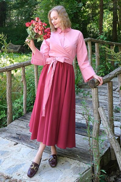 Ceylan Otantik Claret Red Balloon Skirt and Pink Shirt Set
