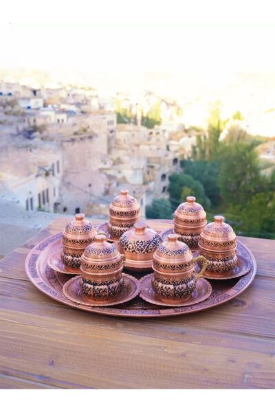 Bakır Concept 6-Piece Copper Cup Set - Carved Embroidery (Tray, Sugar Bowl)