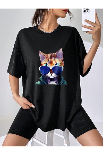 JANSO GROUP Tricou supradimensionat pentru femei JANSO - 100% bumbac, imprimeu film Cat, țesătură 30/1