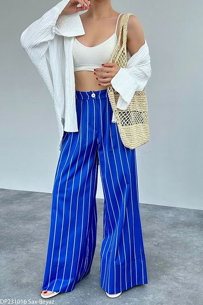 Liora Women's Navy Blue Striped Wide Leg Trousers with Elastic Back Waist