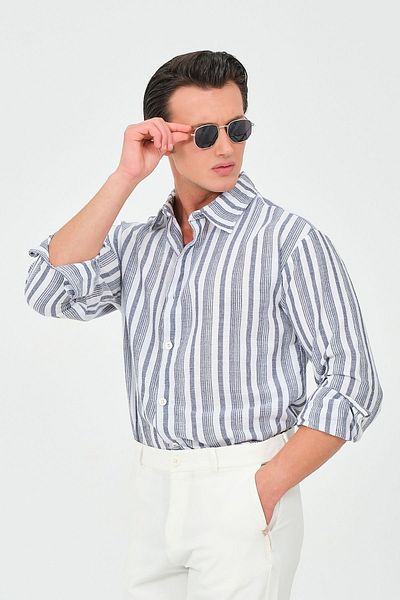 RELAXL Мъжка ленена риза Oversize на тъмносини райета, 100% памук, с дълъг ръкав