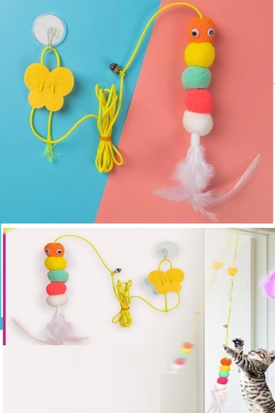 naque Elastic Caterpillar Cat Toy with Suction Cup Rubber Cat Butterfly Catching Exercise Toy