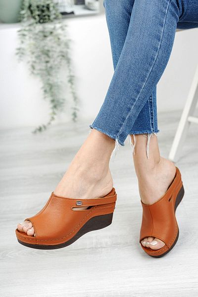 Ender Women's Brown Genuine Leather Wedge Heel Slippers