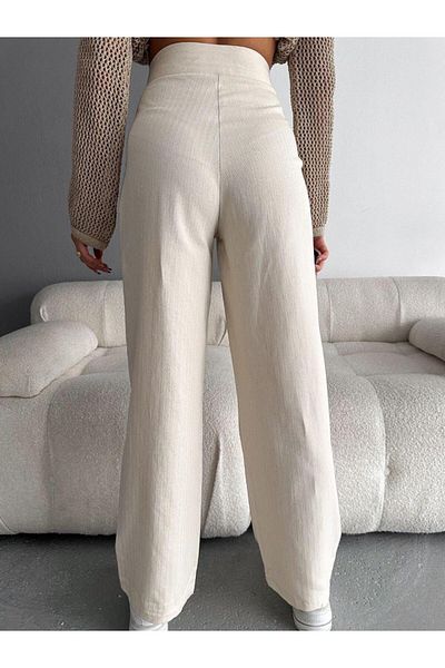 TİLLE Palazzo High Waist Linen Trousers with Velcro Waist