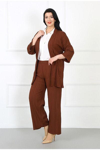 By Alba Collection Women's Tan Wrapped Waist Full Elastic Large Size Trousers