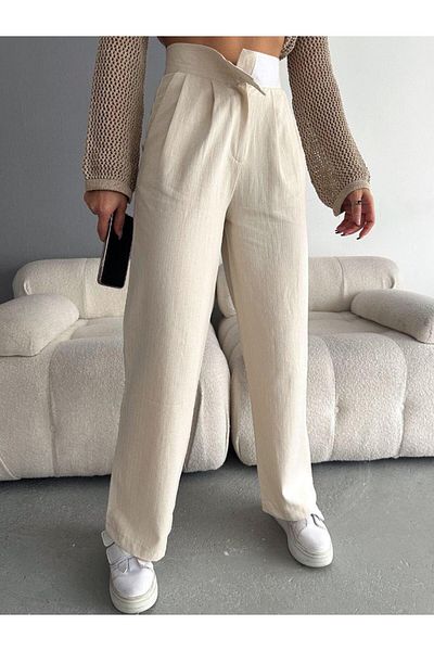 TİLLE Palazzo High Waist Linen Trousers with Velcro Waist