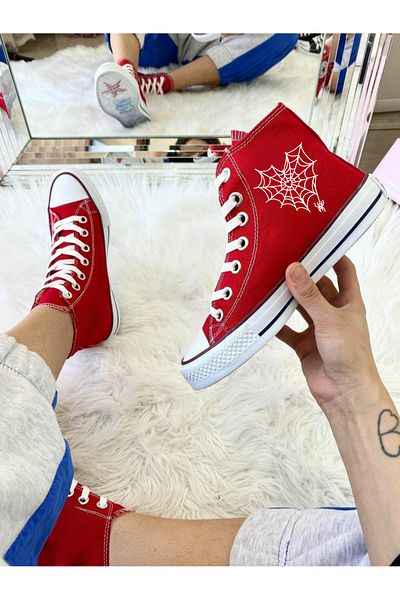 Touz Moda Red Unisex Spider Heart Canvas Shoes