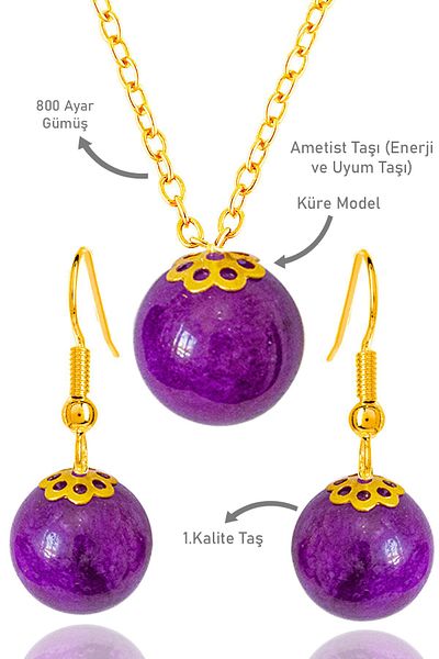 Tesbih Atölyesi Gold Globe Model Purple Stone Necklace and Earring Set - Silver Apparatus