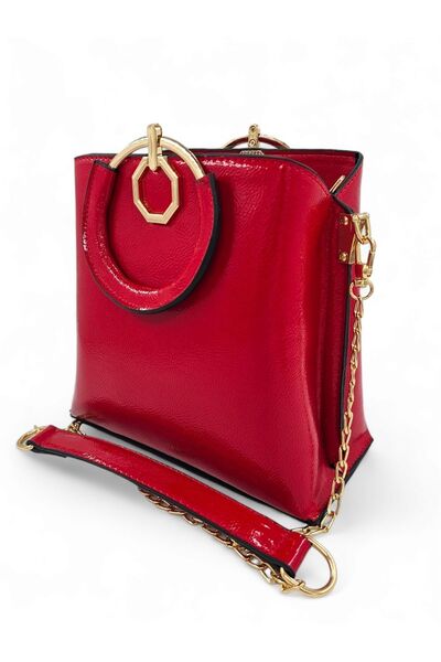Evident Red Patent Leather Ring Handled Chain Hand and Shoulder Women's Bag