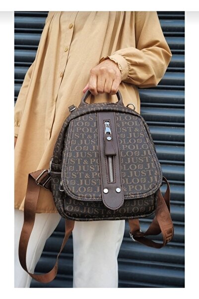 Just Polo Justpolo Kadın Kahverengi Monogram Baskılı Sırt Ve Omuz Çantası