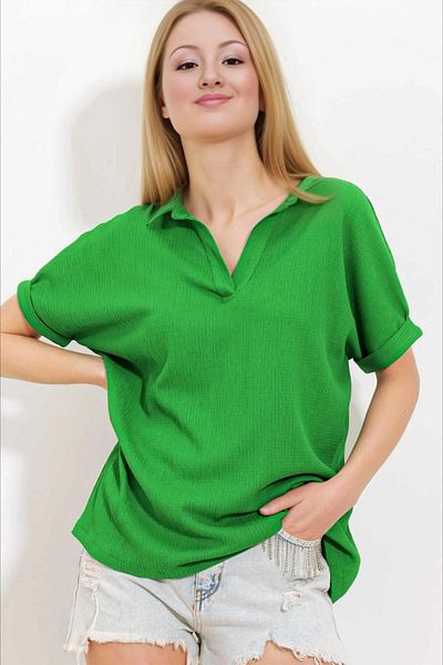 hazelin Bluză verde închis cu gât polo - Croială largă, tricotată HZL24S-BD104861