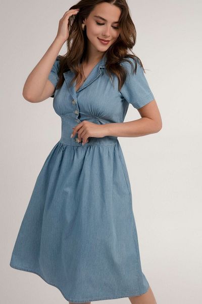 hazelin Rochie de damă, albastru deschis, cu mânecă scurtă, cu talie elastică, cu jumătate de nasture, piept, dart, din denim Hzl22s-bd122101