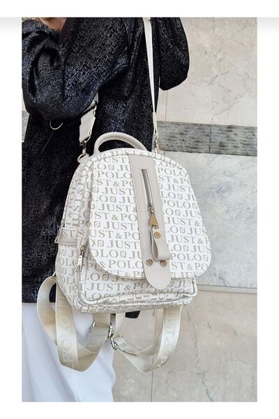 Just Polo Justpolo Kadın Krem Monogram Baskılı Sırt Ve Omuz Çantası