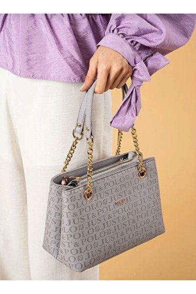 Just Polo حقيبة كتف وحقيبة كروس نسائية ذات سلسلة رمادية مكونة من 4 أقسام Tm40...