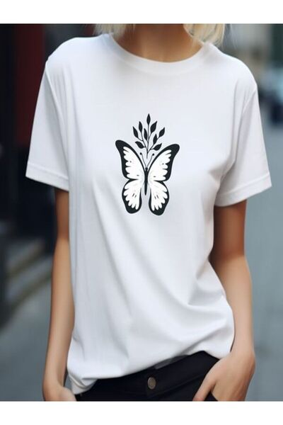 CLASSY.MODA قميص تيشرت سوبريم للنساء - أبيض مطبوع قصة فضفاضة برقبة دائرية وأك...