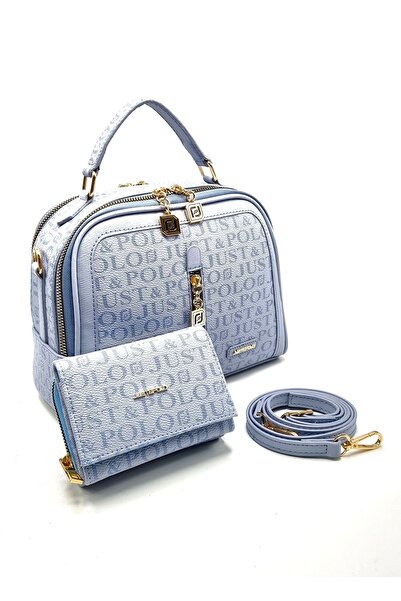 Just Polo حقيبة يد وكتف ومحفظة نسائية باللون الأزرق مكونة من 4 أقسام
