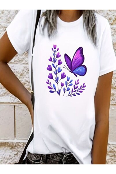 CLASSY.MODA قميص تيشرت سوبريم للنساء - أبيض مطبوع قصة فضفاضة برقبة دائرية وأك...