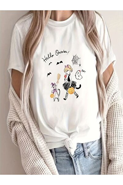 CLASSY.MODA قميص تيشرت سوبريم للنساء - أبيض مطبوع قصة فضفاضة برقبة دائرية وأك...