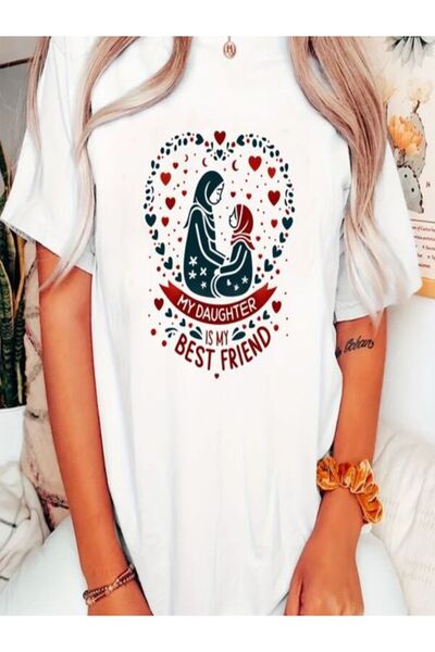 CLASSY.MODA قميص تيشرت سوبريم للنساء - أبيض مطبوع قصة فضفاضة برقبة دائرية وأك...