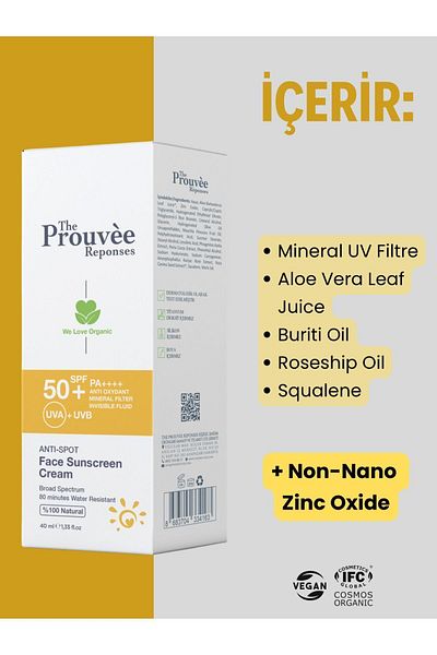 The Prouvee Reponses 50+SPF 100% Natural Anti-Spot Face Protective Cream - Organic Anti-Sun, 40 ml
