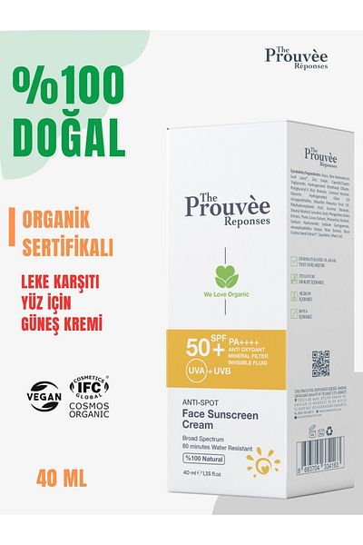 The Prouvee Reponses 50+SPF 100% Natural Anti-Spot Face Protective Cream - Organic Anti-Sun, 40 ml