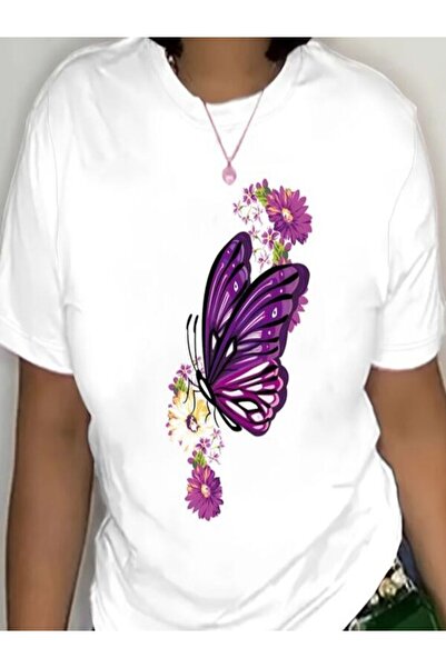 CLASSY.MODA قميص تيشرت سوبريم للنساء - أبيض مطبوع قصة فضفاضة برقبة دائرية وأك...