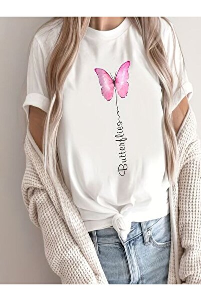 CLASSY.MODA قميص تيشرت سوبريم للنساء - أبيض مطبوع قصة فضفاضة برقبة دائرية وأك...