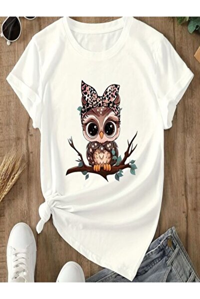 CLASSY.MODA قميص تيشرت سوبريم للنساء - أبيض مطبوع قصة فضفاضة برقبة دائرية وأك...