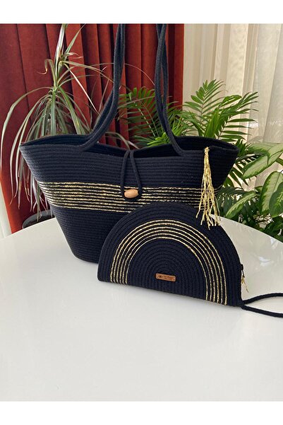 Nev Design 2'li Plaj Çantası & D Clutch Çanta, Siyah Renk, Detaylı