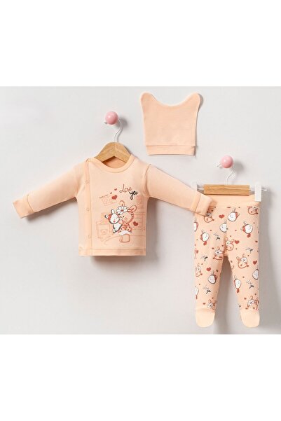Newborn Baby Girl Hospital Break Rabbit Patterned 3-Piece Bodysuit Set