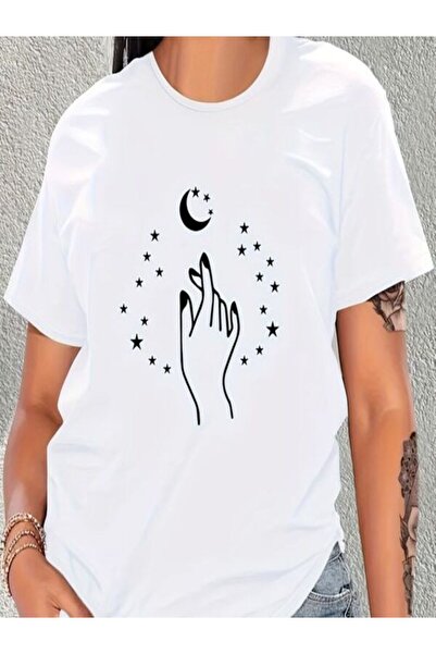 CLASSY.MODA قميص تيشرت سوبريم للنساء - أبيض مطبوع قصة فضفاضة برقبة دائرية وأك...