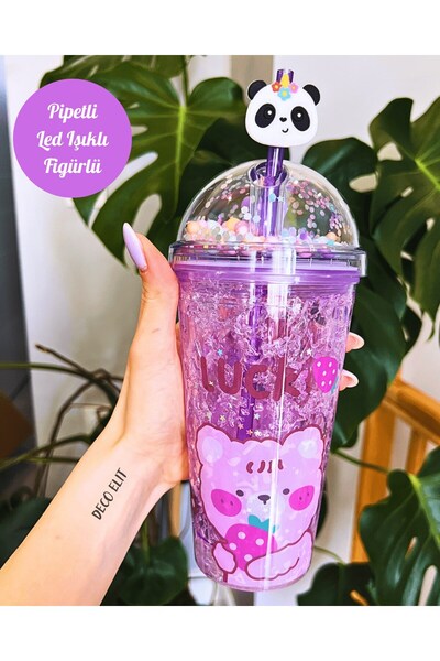 Deco Elit Çılgın Suluk Pipetli Buzlu Cam Görünümlü Led Işıklı 450 ML Çift Kat...