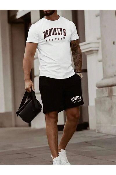 coolart Pantaloni scurți tip tricou Brooklyn New York - Alb Negru Set de pant...