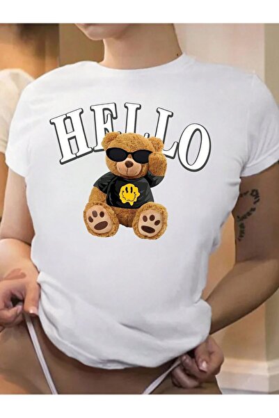 coolart Tricou Hello Bear - Tricou supradimensionat cu imprimeu alb, de vară,...